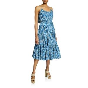 RHODE Lea Blue and White Midi Dress with Tie Waist